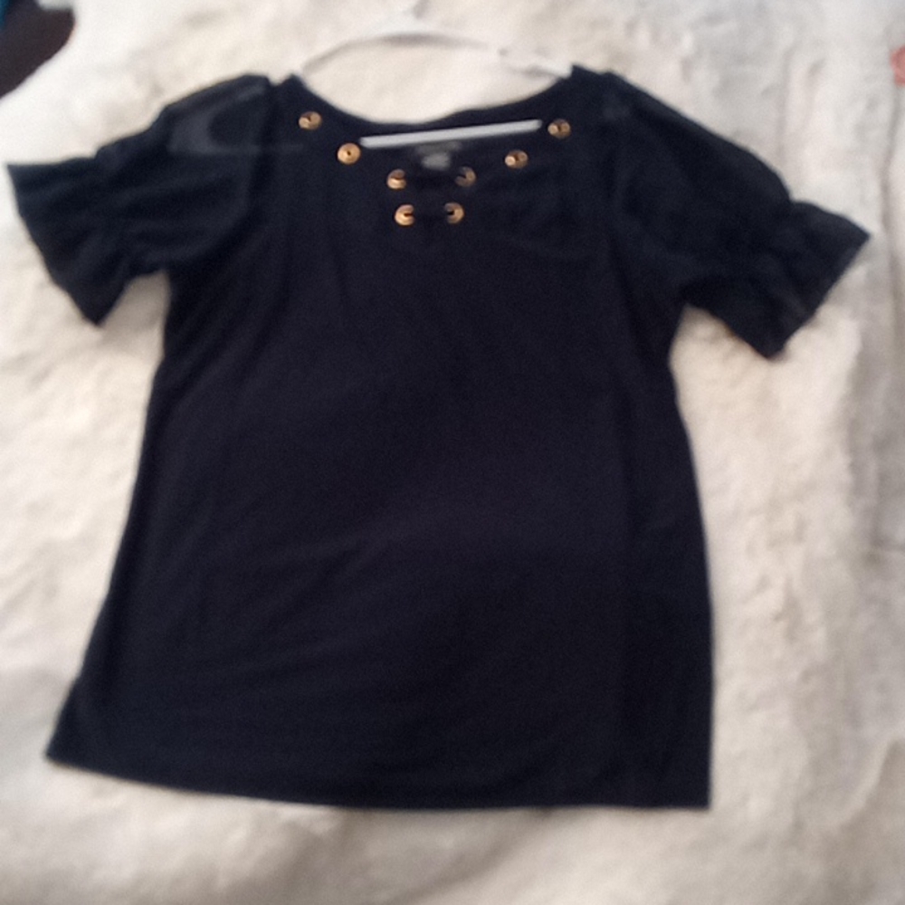 A Delicate, Indigo blue, short sheer sleeve blouse with faux tie up front.